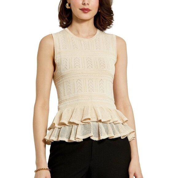 Mac Duggal Tops - NWT Mac Duggal Sleeveless High Neck Knit Top With Ruffle Hem Oat Medium #A0181